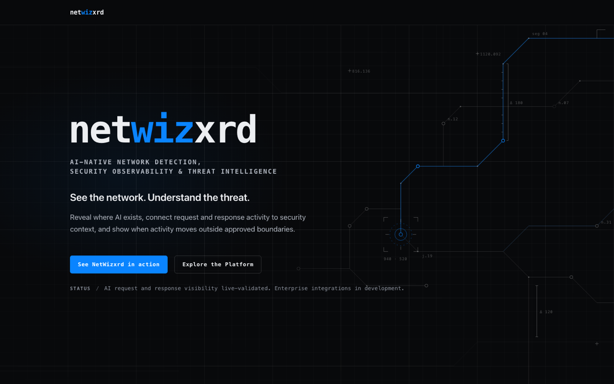 NetWizxrd homepage: the netwizxrd wordmark with a topology diagram and the line “See the network. Understand the threat.”