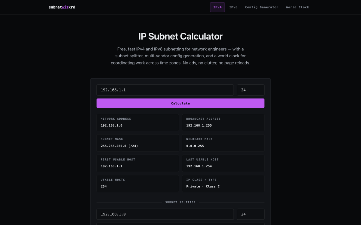 SubnetWizxrd calculator: an IPv4 address input with network, broadcast, mask and host-range results.